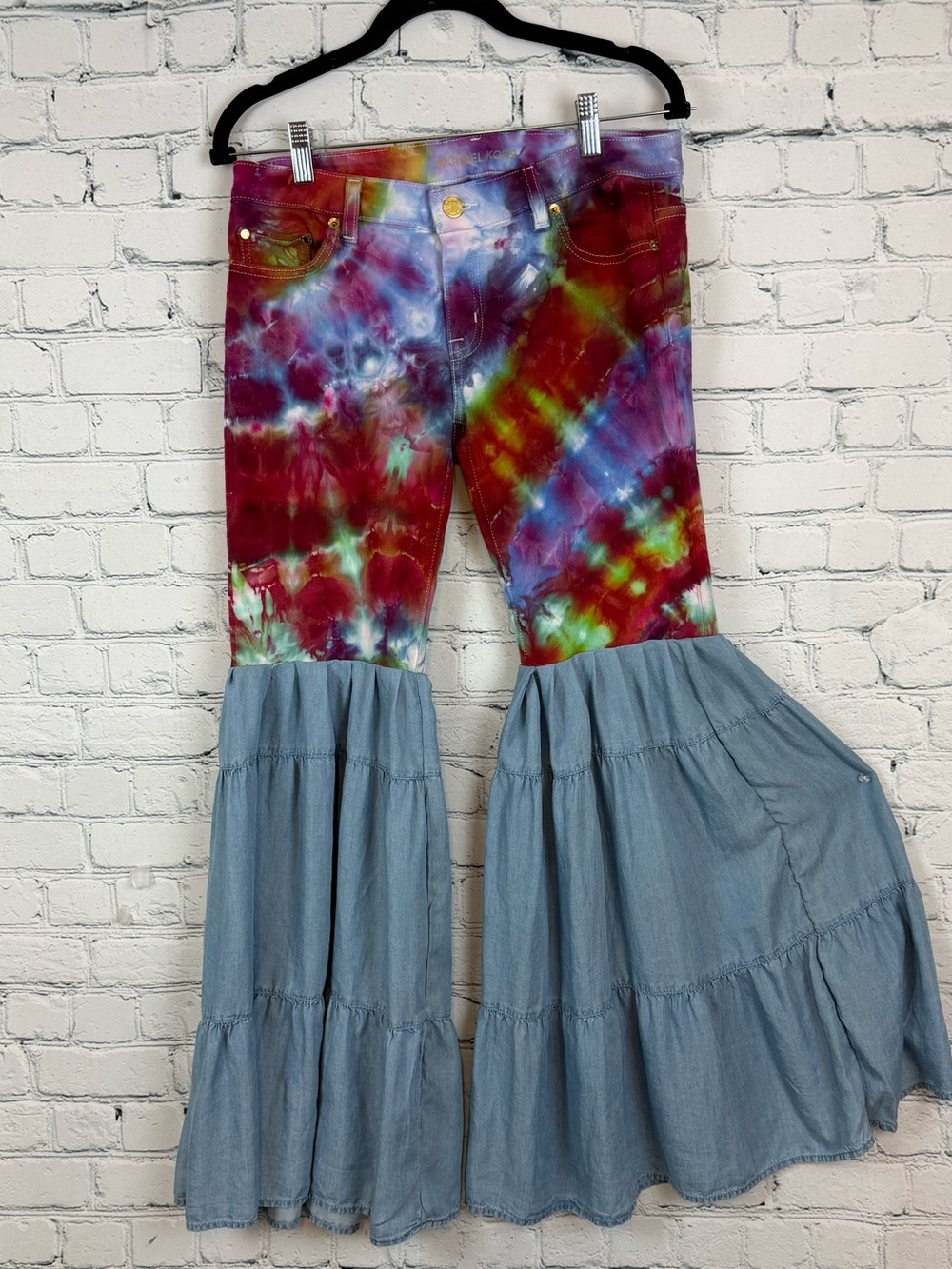 Upcycled Ice Tie Dyed Michael Kors Jean with Multi Tier Chamray Bells